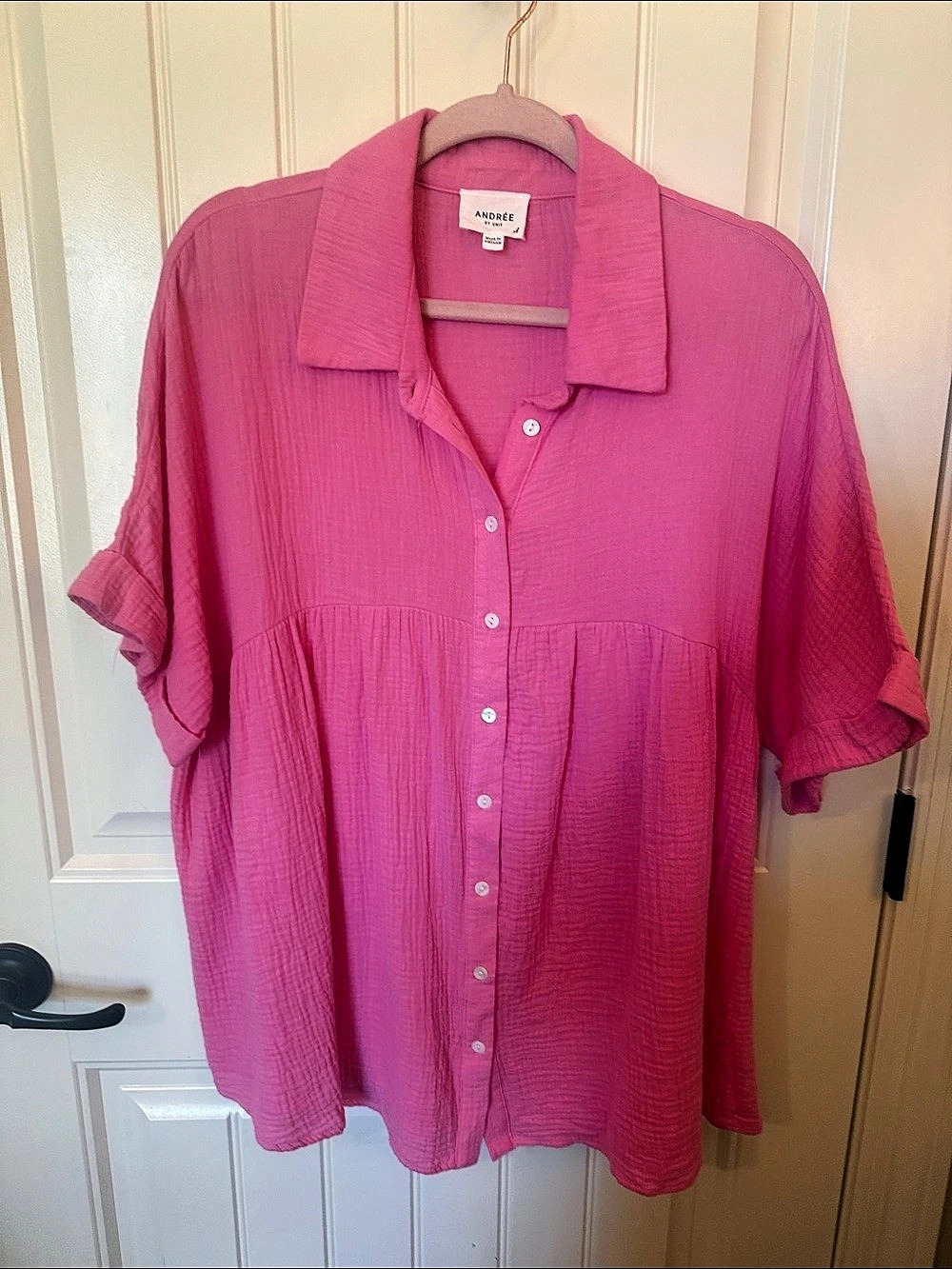 Andrée by Unit Cotton Gauze Button-Down Babydoll Top Pink XL